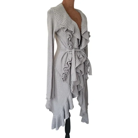 Hendi  Whimsy Y2K Long Cardigan Gray Ruffle Asymmetrical Size M/L Sweater - Picture 2 of 8